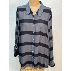 Striped Button Down Shirt Gray Black‎ Long Sleeve Pocket Career Casual READ